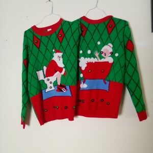 FUN QI Festive Green and Red Christmas Sweater ONE SIZE UNISEX TWO HEAD ONLY FUN